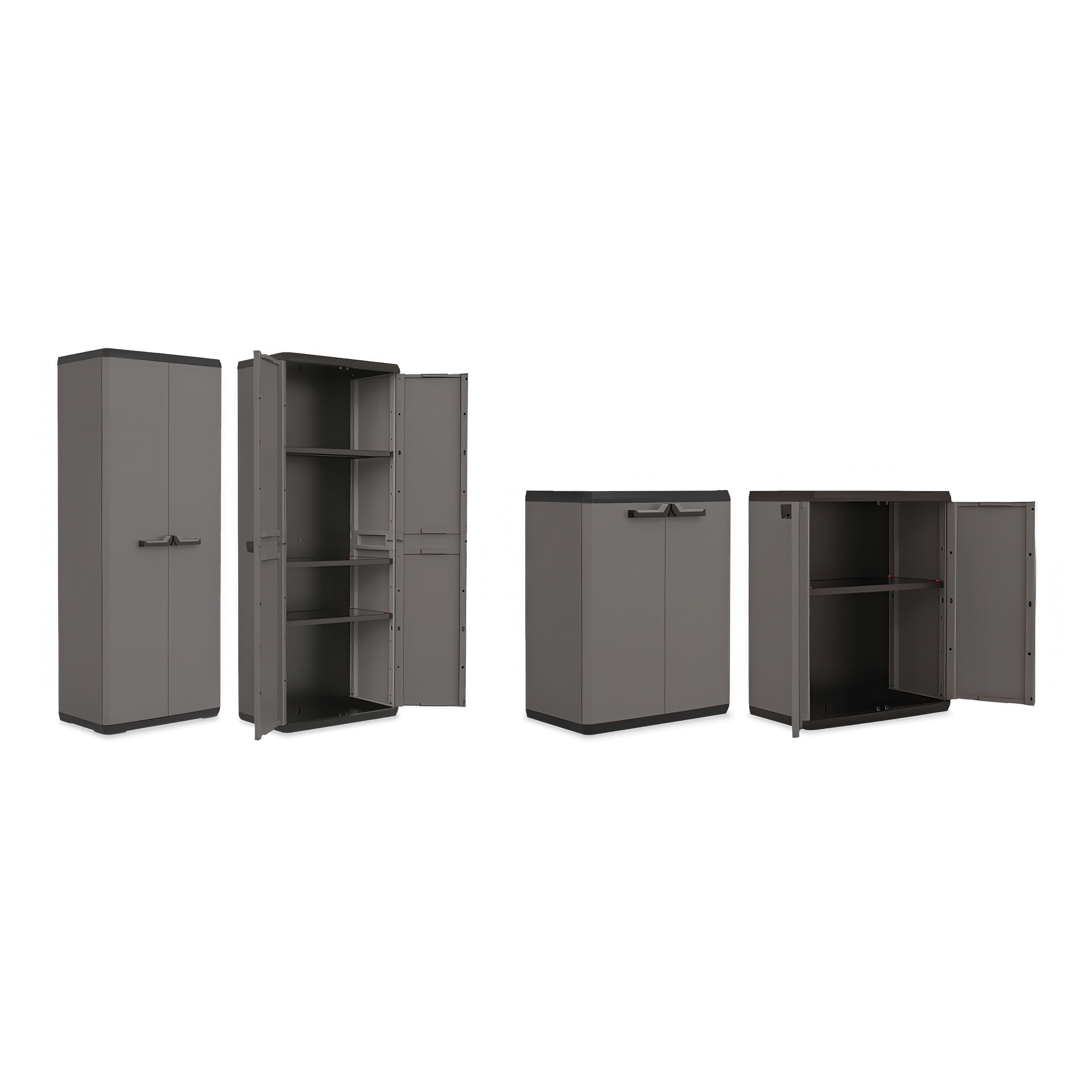 Grafika przedstawiająca zestaw szafek ogrodowych w kolorze grafitowym – wysoka i niska szafka z zamkniętymi oraz otwartymi drzwiami, widoczne półki wewnątrz.