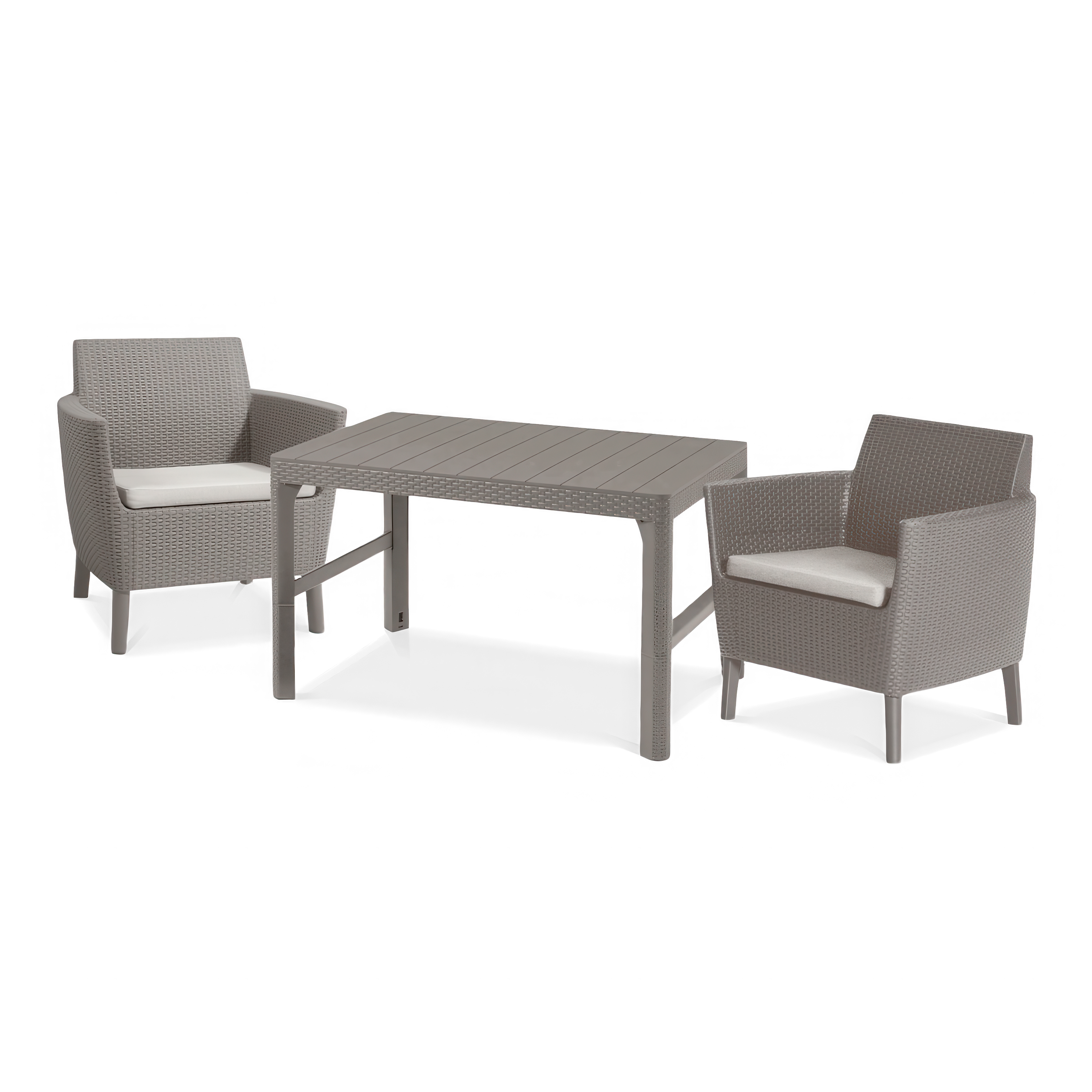 Zestaw mebli ogrodowych dwa fotele z poduszkami i stół prostokątny w kolorze taupe