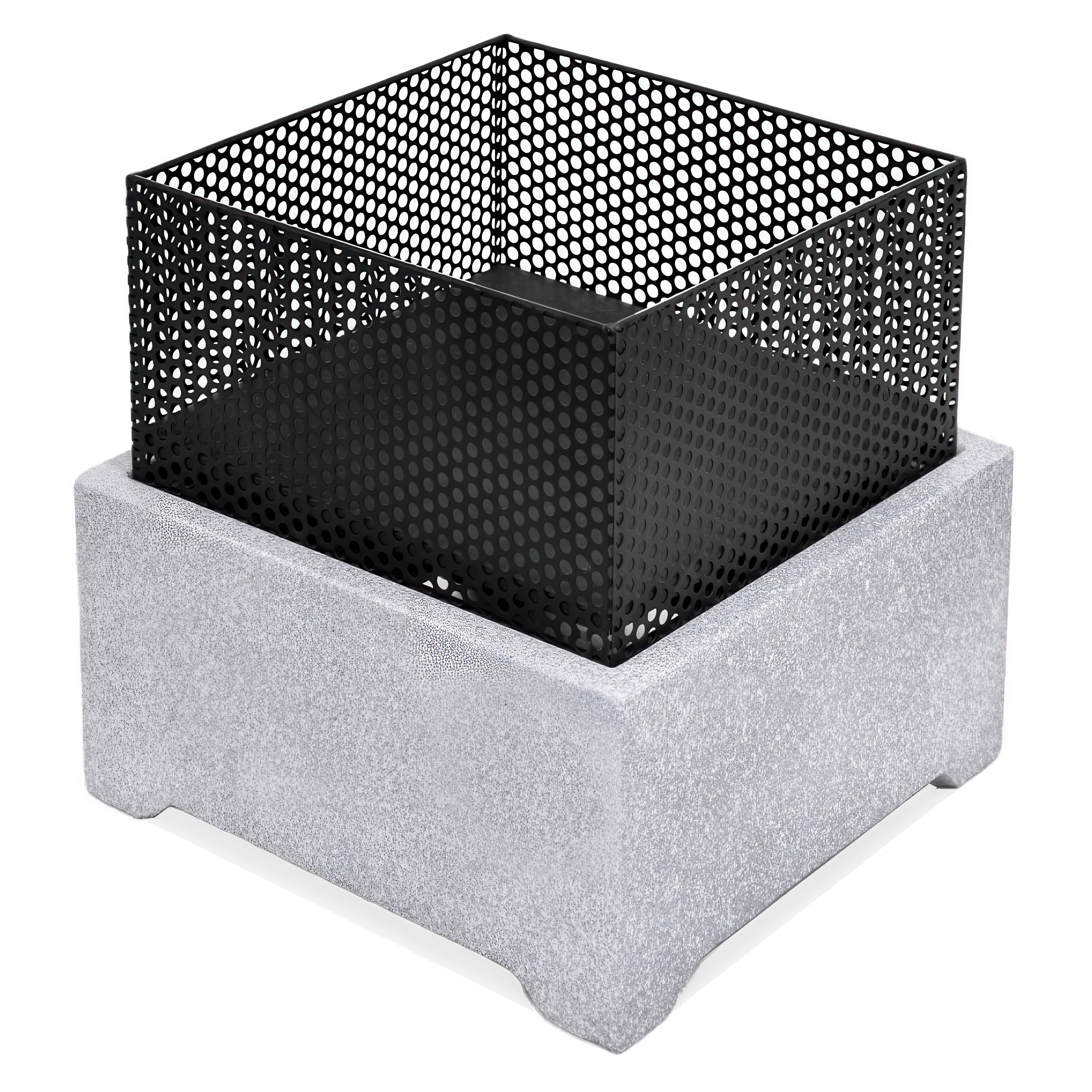 Kwadratowe palenisko ogrodowe z betonową podstawą i metalową siatką ochronną.