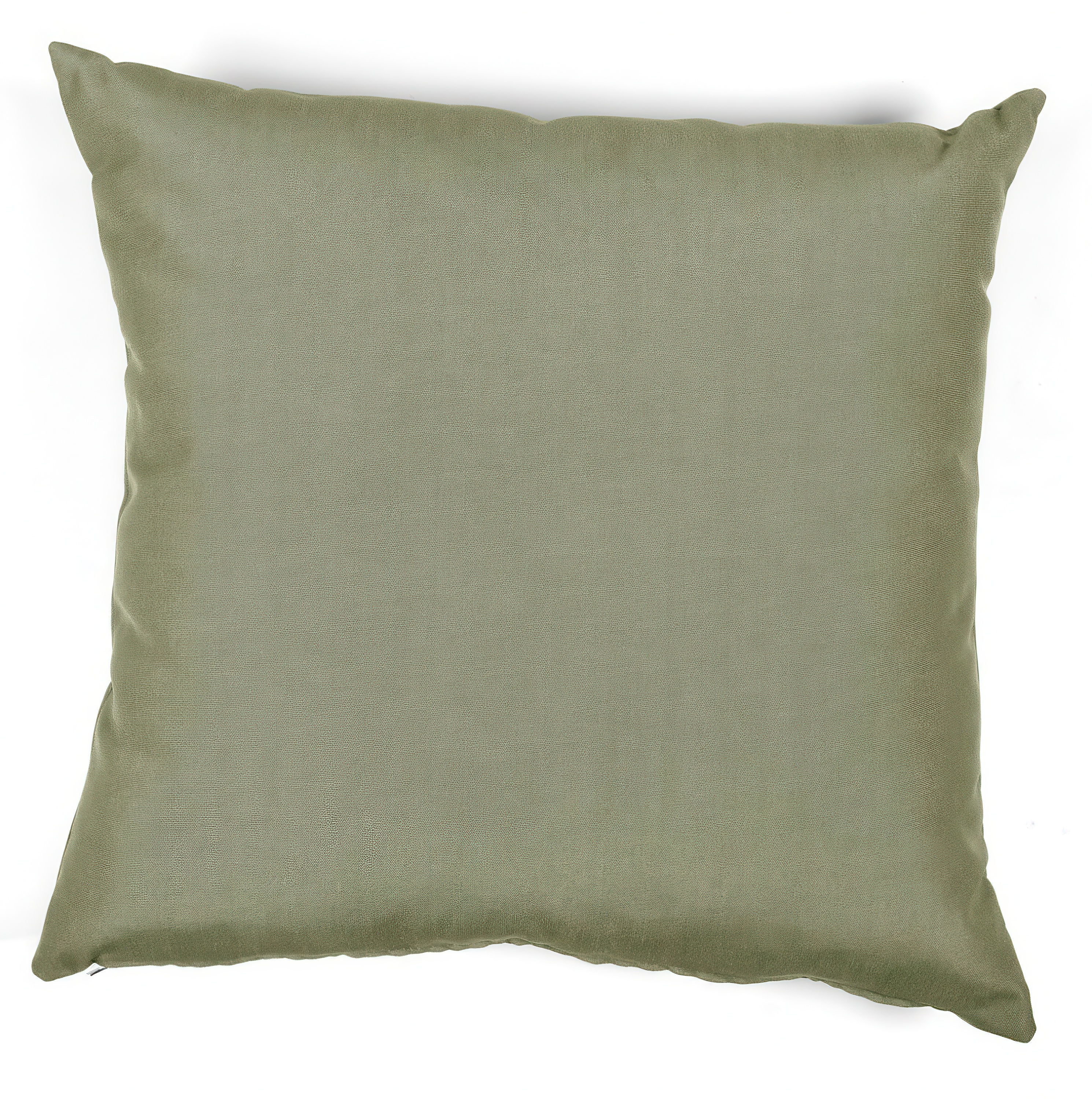 Samotna, beżowo-zielona, kwadratowa poduszka na białym tle.