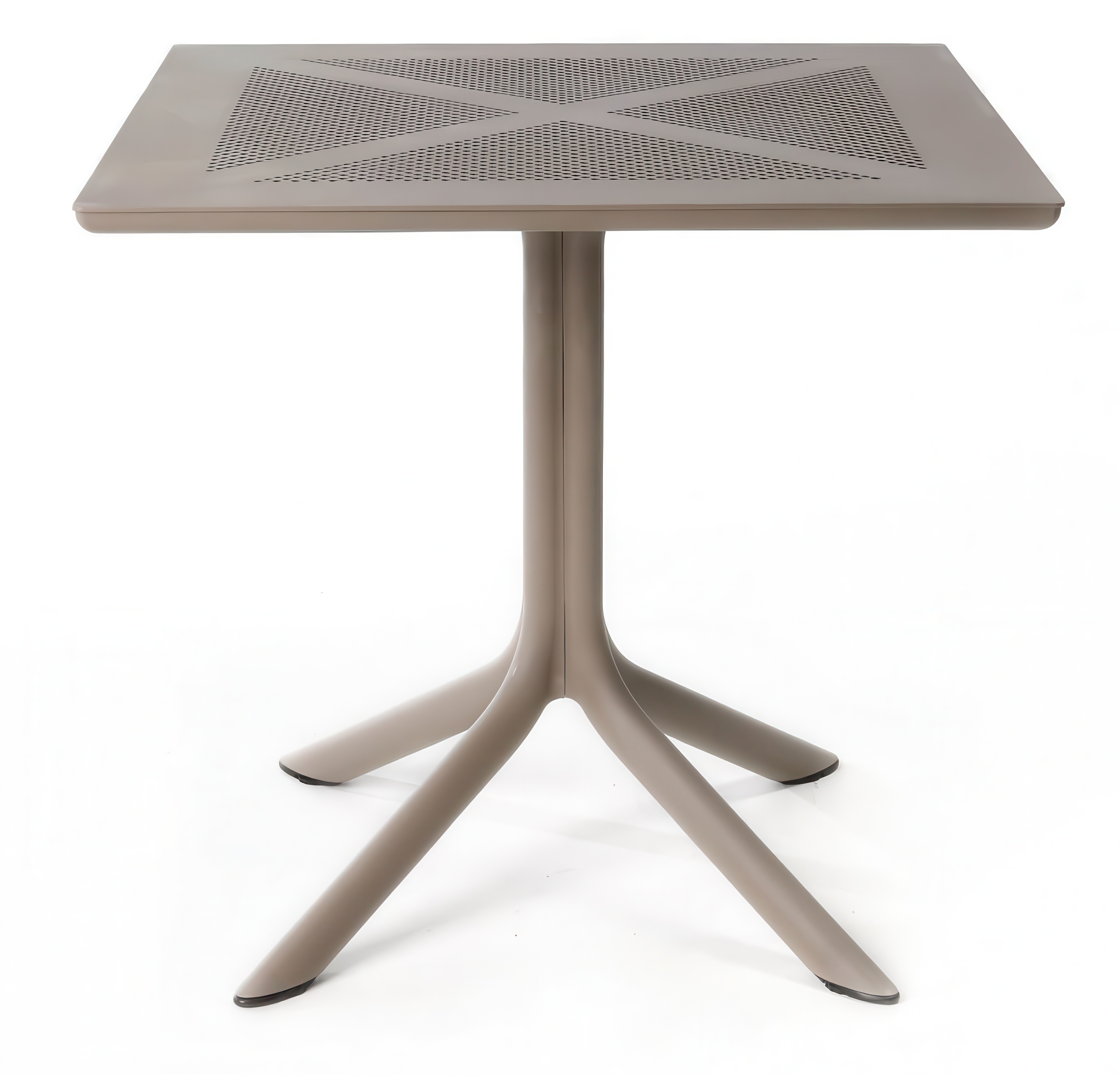 Kwadratowy stół ogrodowy w kolorze taupe z perforowanym blatem i stabilną podstawą na czterech nogach.