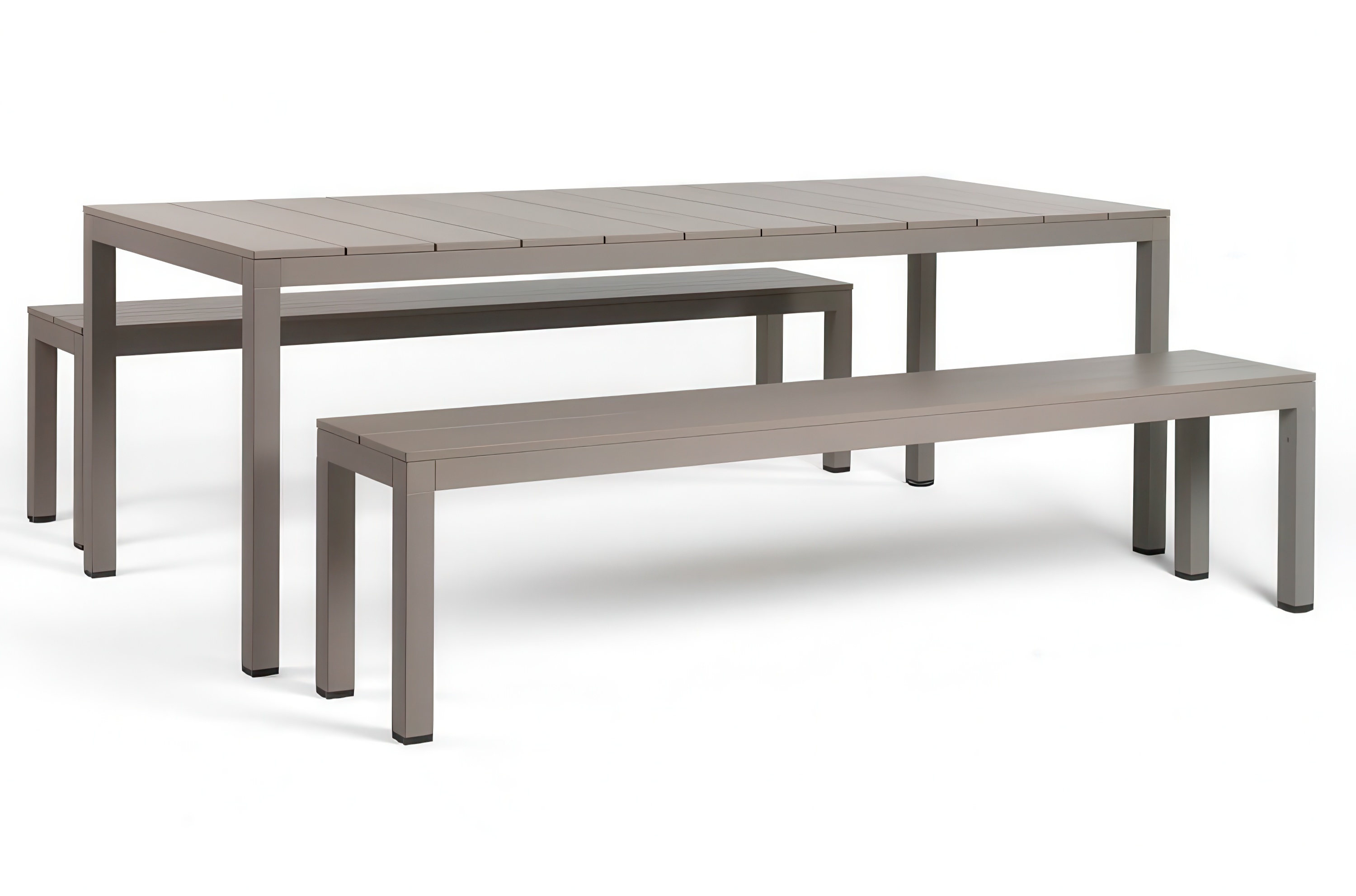 Zestaw prostokątnego stołu ogrodowego z aluminium w kolorze taupe z dwiema ławkami.