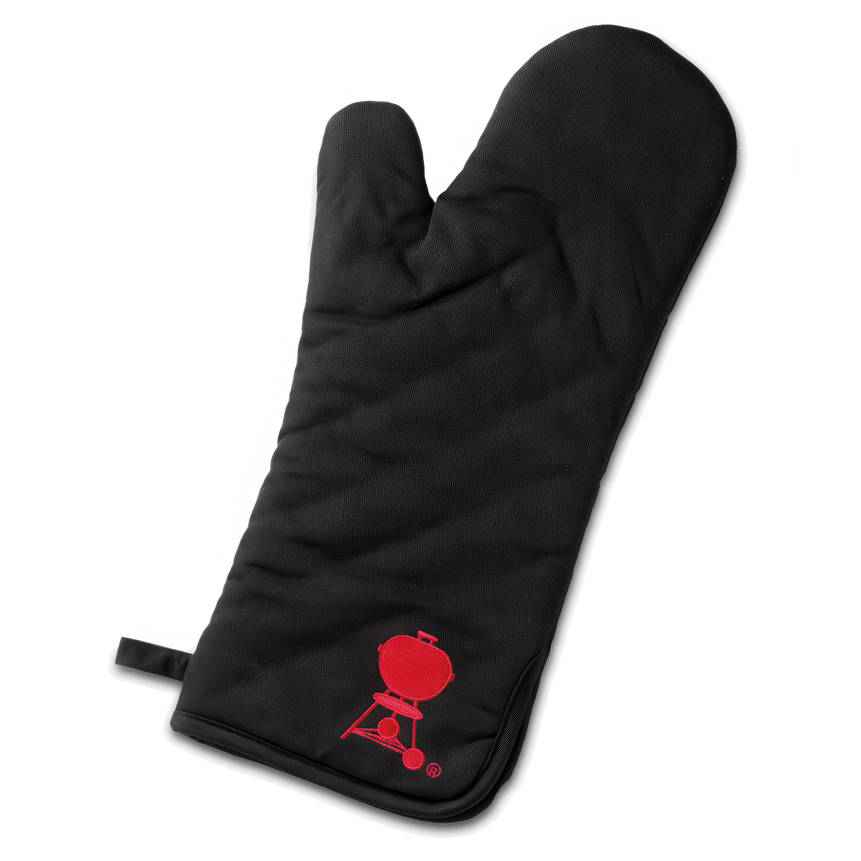 Czarna rękawica kuchenna Weber z czerwonym logo grilla kulistego.