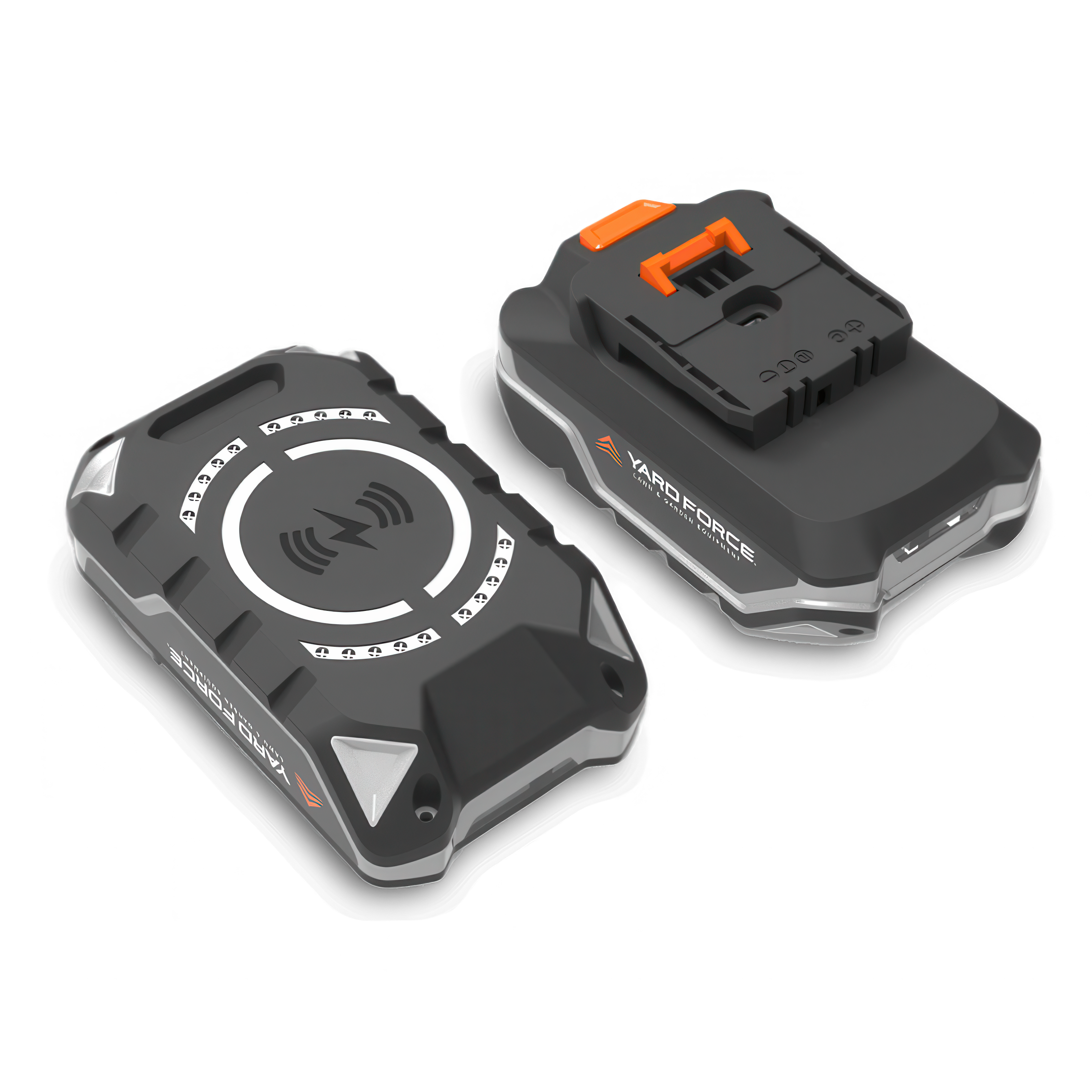 Zestaw akumulatorów Yard Force w kolorze czarnym z szarymi i pomarańczowymi elementami, przedstawiony na białym tle.