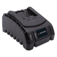 Ładowarka do akumulatorów Yard Force w kolorze czarnym, ujęcie pod kątem z wyeksponowanym logo i złączami.