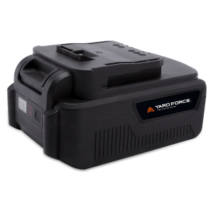 Czarna bateria Yard Force z wyświetlaczem LED pokazującym poziom naładowania.