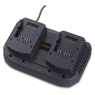 Podwójna ładowarka do akumulatorów Yard Force z miejscem na dwa akumulatory, widok z góry.