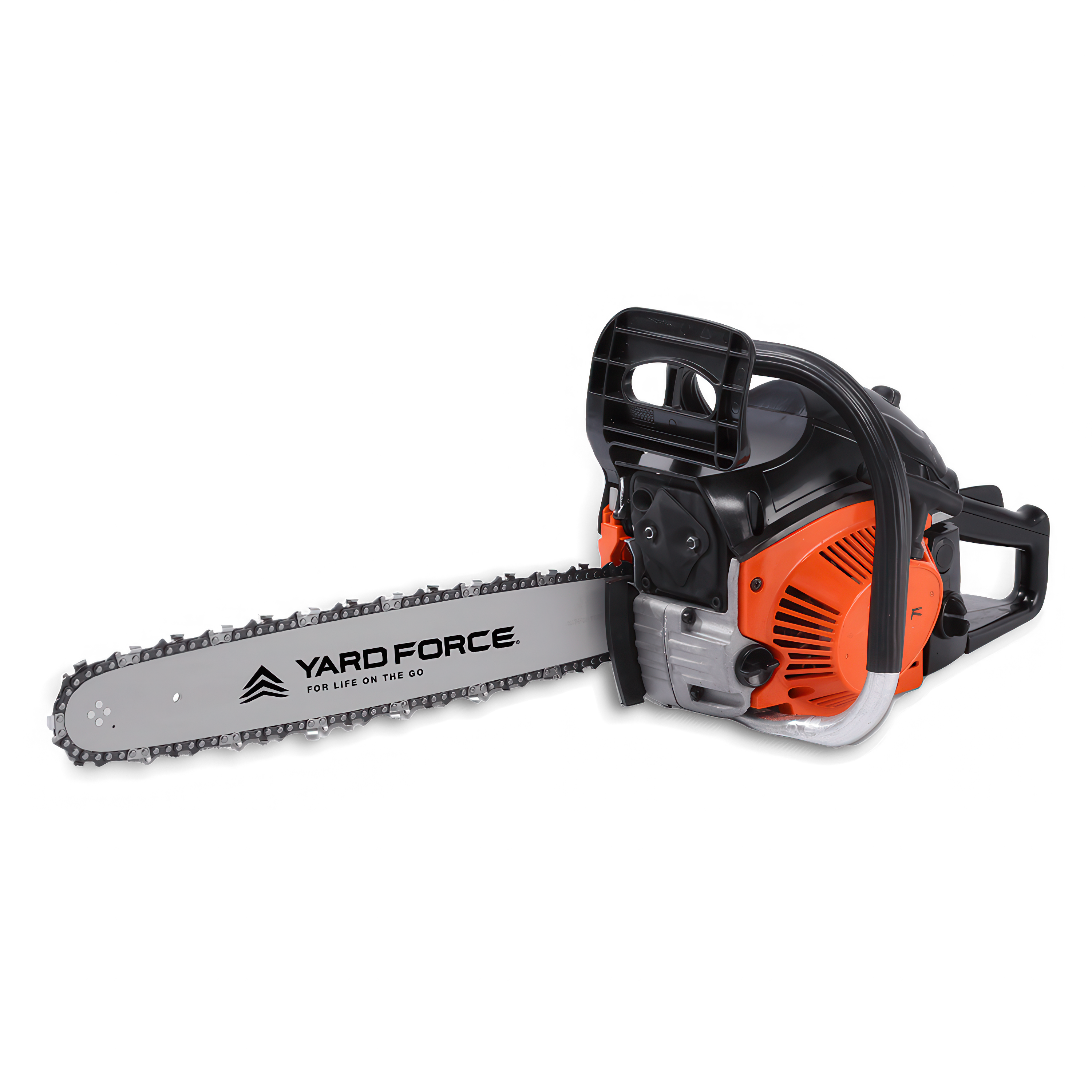 Pilarka spalinowa Yard Force z długą prowadnicą i łańcuchem tnącym, w kolorze pomarańczowo-czarnym.