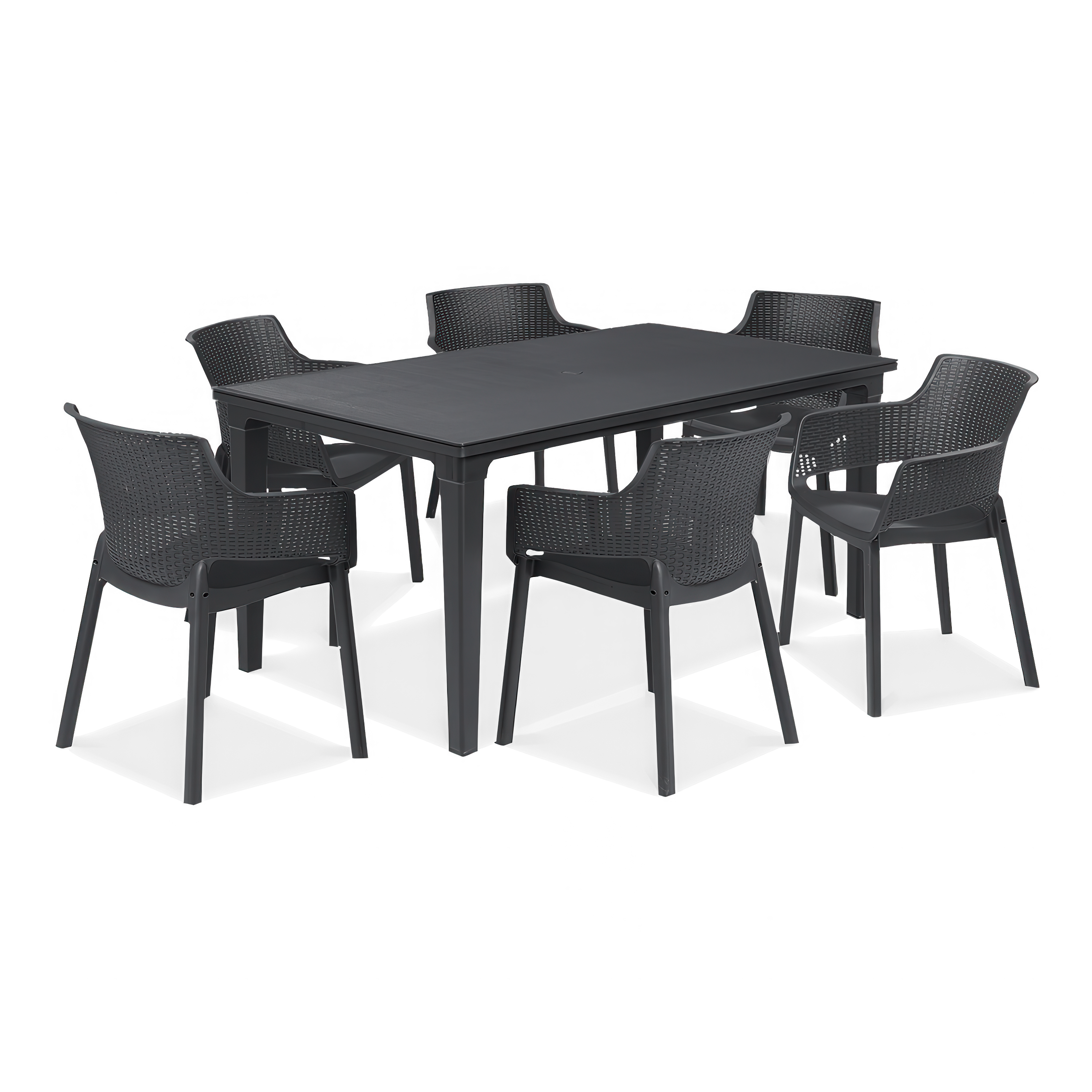 Zestaw ogrodowy czarny – prostokątny stół i sześć krzeseł z oparciem ażurowym.
