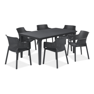 Zestaw ogrodowy czarny – prostokątny stół i sześć krzeseł z oparciem ażurowym.