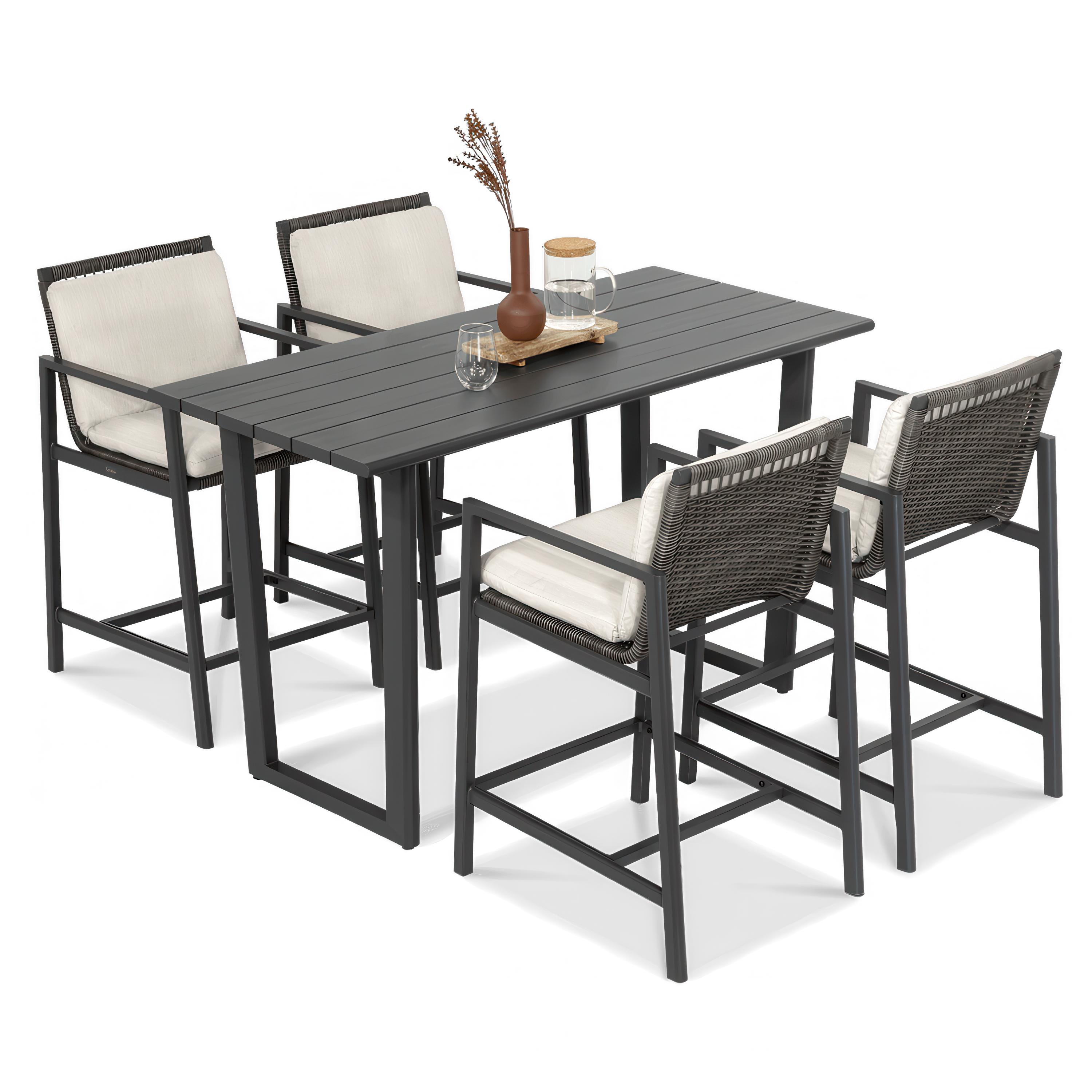 Zestaw ogrodowy z grafitowym stołem i czterema krzesłami z poduszkami, ujęcie produktowe na białym tle.