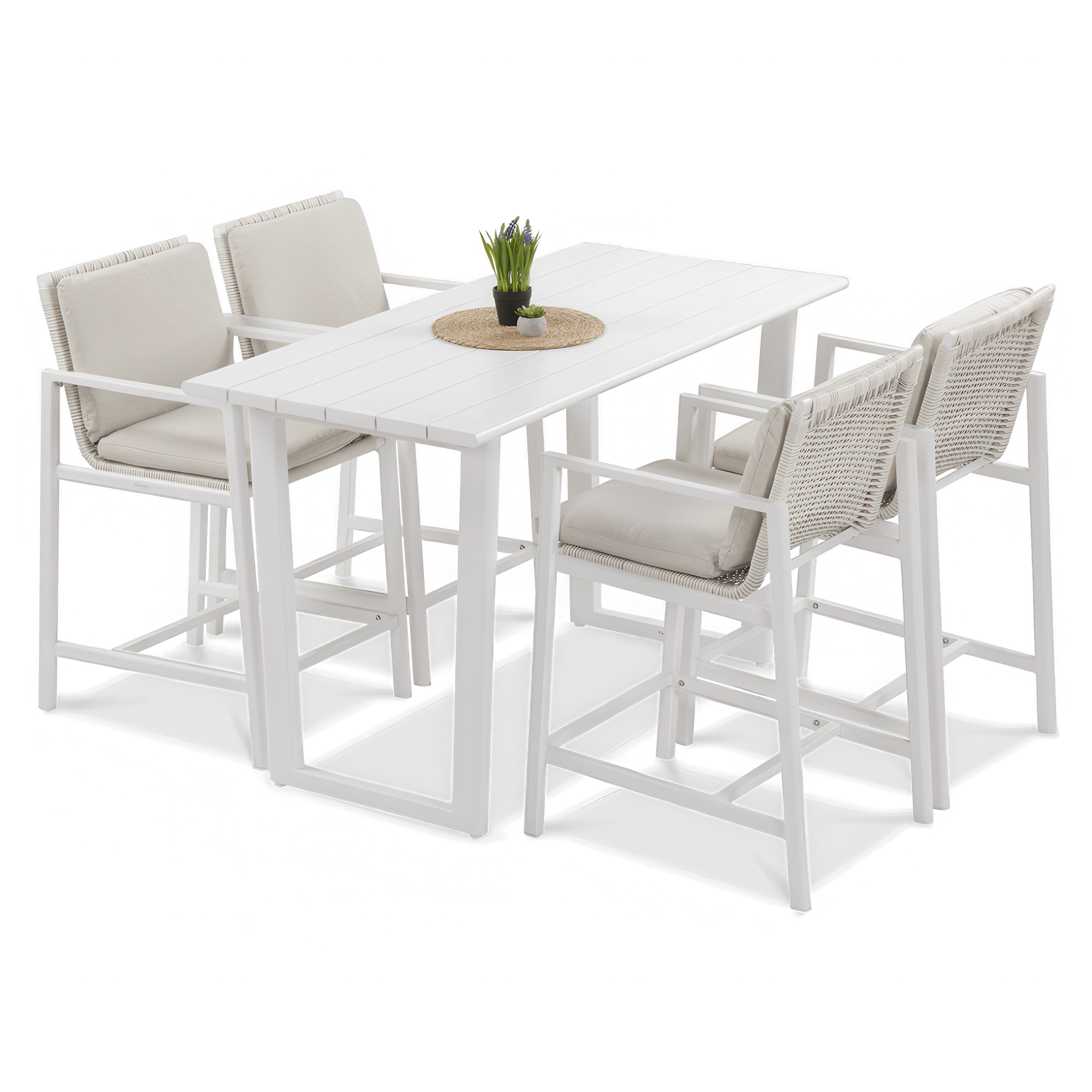 Biały zestaw ogrodowy z prostokątnym stołem i czterema krzesłami barowymi z poduszkami
