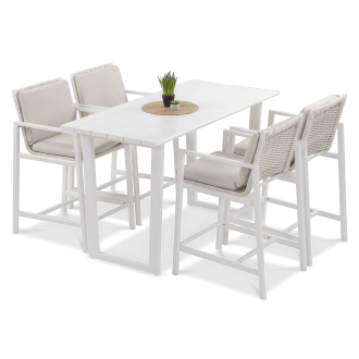 Biały zestaw ogrodowy z prostokątnym stołem i czterema krzesłami barowymi z poduszkami