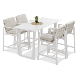 Biały zestaw ogrodowy z prostokątnym stołem i czterema krzesłami barowymi z poduszkami