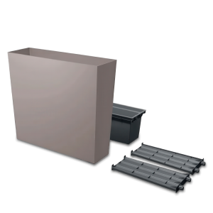 Prostokątna donica balkonowa w kolorze taupe z wyjmowanym wkładem i uchwytami do zawieszenia.