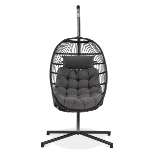 Widok od przodu na czarny fotel kokon wiszący Harmony Black, który wyróżnia się głębokim, pikowanym siedziskiem i poduszką w grafitowym kolorze.