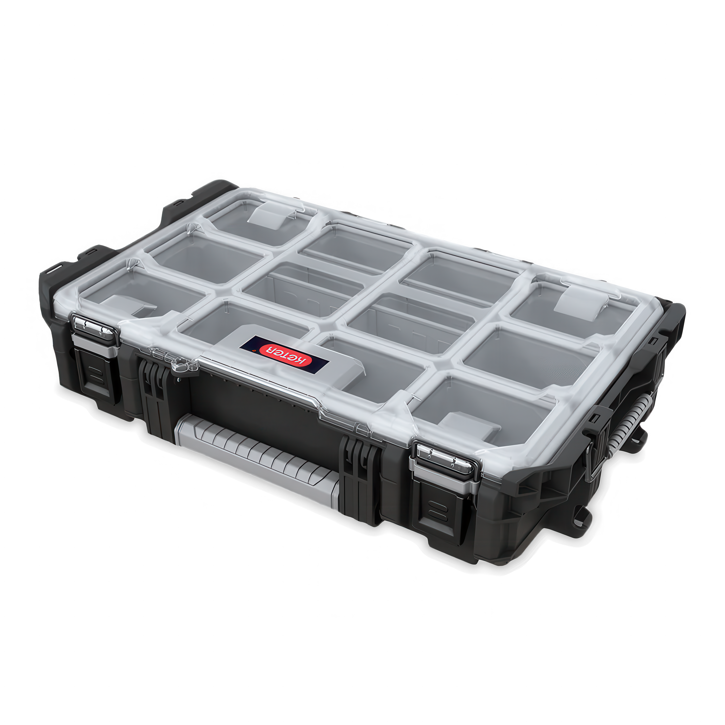 Solidna walizka-organizer KETER Gear w kolorze czarnym z przezroczystą pokrywą, widoczna od góry pod kątem. Posiada wyjmowane pojemniki, które można dowolnie konfigurować, aby dostosować je do indywidualnych potrzeb.