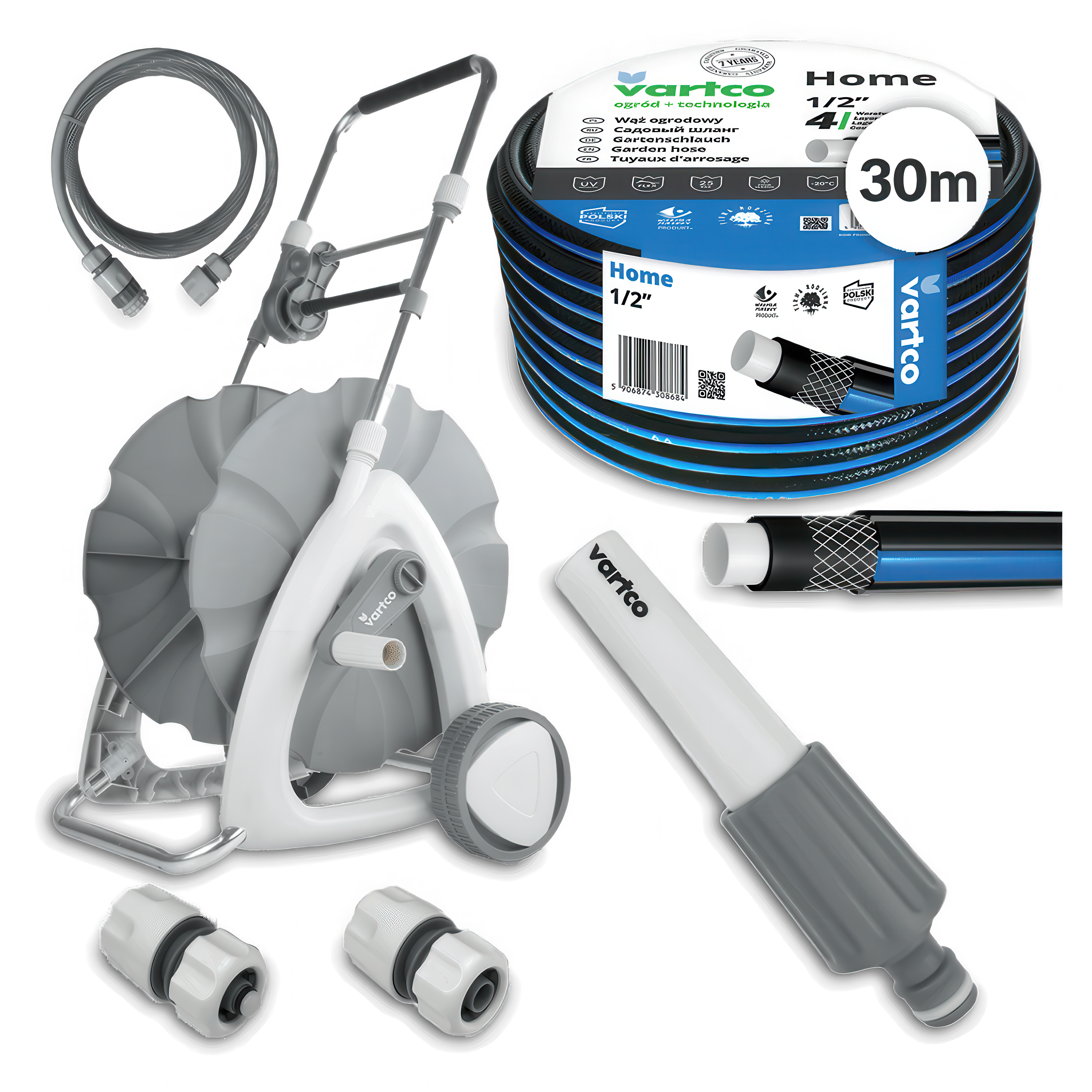 Zestaw węża ogrodowego Vartco 30 m z wózkiem na kółkach i akcesoriami.