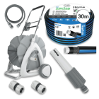 Zestaw węża ogrodowego Vartco 30 m z wózkiem na kółkach i akcesoriami.