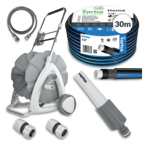 Zestaw węża ogrodowego Vartco 30 m z wózkiem na kółkach i akcesoriami.