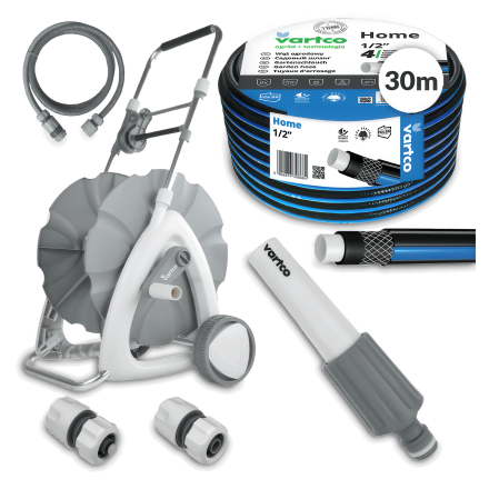 Zestaw węża ogrodowego Vartco 30 m z wózkiem na kółkach i akcesoriami.