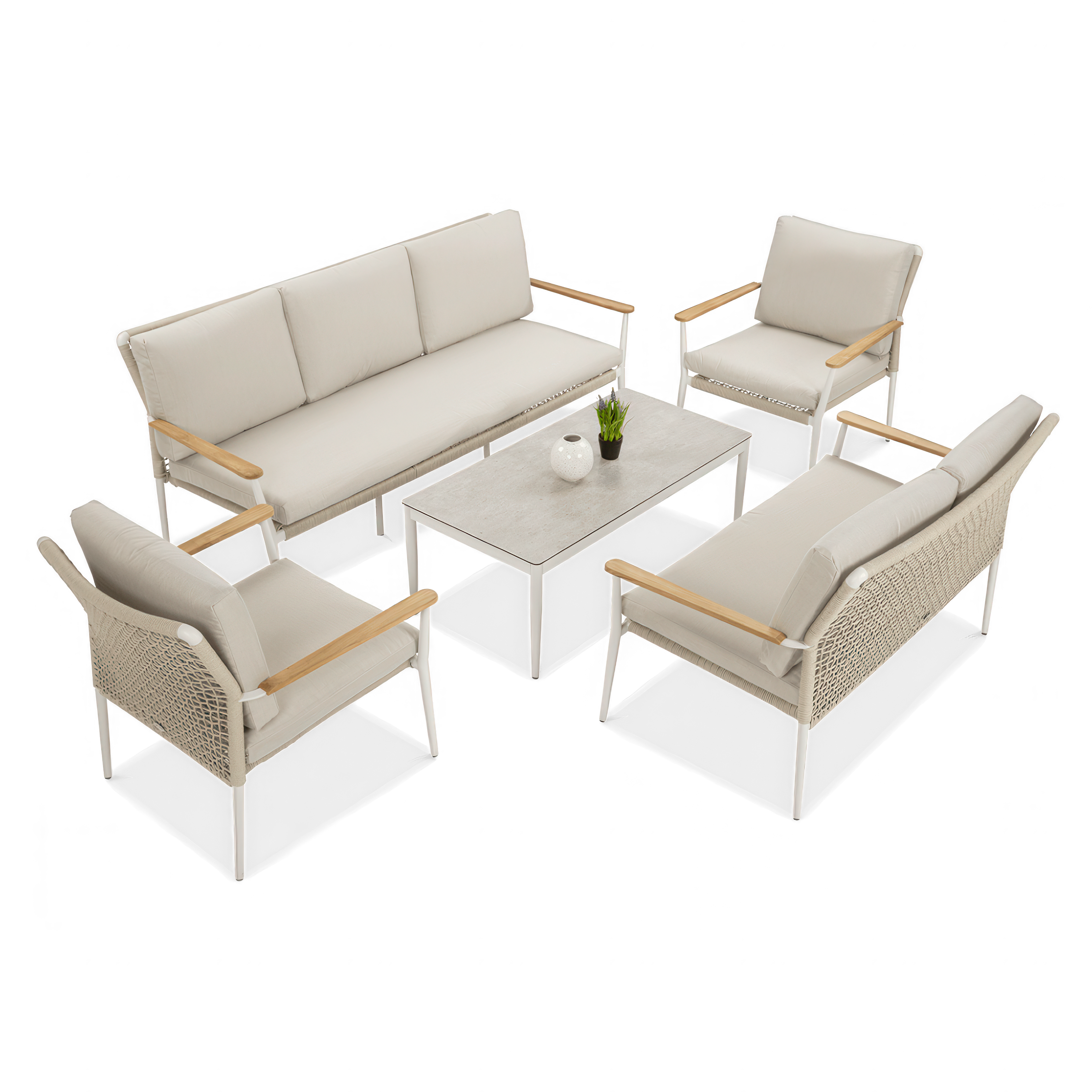 Zestaw mebli ogrodowych beżowych z sofą, fotelami i stołem