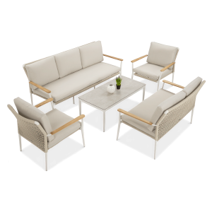Zestaw mebli ogrodowych beżowych z sofą, fotelami i stołem