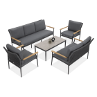 Zestaw mebli ogrodowych z sofą, dwoma fotelami, dwuosobową kanapą i prostokątnym stolikiem kawowym.