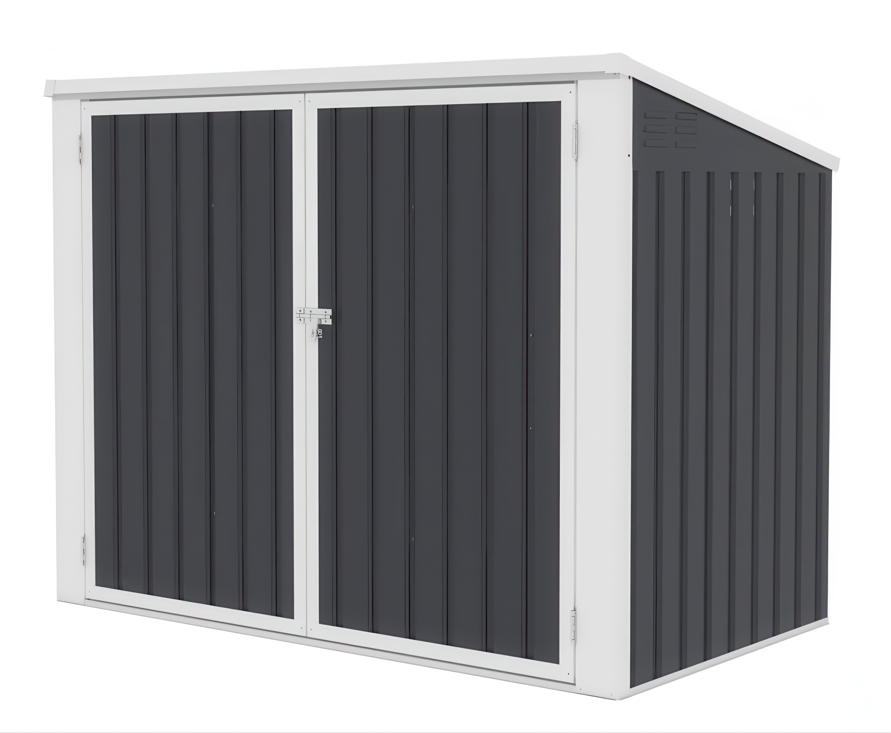 Odporna na warunki atmosferyczne zabudowa do koszy na śmieci DAVIS 173×101 cm Cold Grey – HARDMAISTER: metalowa obudowa z dwuskrzydłowymi drzwiami, skośnym dachem i stalowym zamkiem w ciemnoszarym wykończeniu.