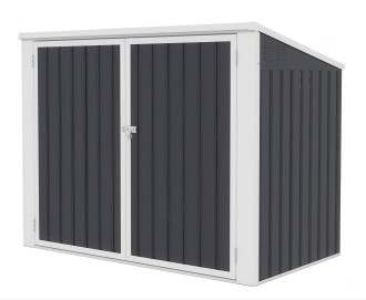 Odporna na warunki atmosferyczne zabudowa do koszy na śmieci DAVIS 173×101 cm Cold Grey – HARDMAISTER: metalowa obudowa z dwuskrzydłowymi drzwiami, skośnym dachem i stalowym zamkiem w ciemnoszarym wykończeniu.