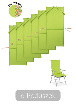 Komplet czterech zielonych poduszek na leżak Exotic Green, 116x51 cm, ułożonych kaskadowo, pokazuje dwie różne strony: gładką z poliestru oraz kwiecisty wzór.