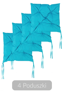 Ustawienie czterech błękitnych poduszek ogrodowych Curacao Blue, ułożonych ukośnie, podkreśla ich pikowaną strukturę i troczki do mocowania.