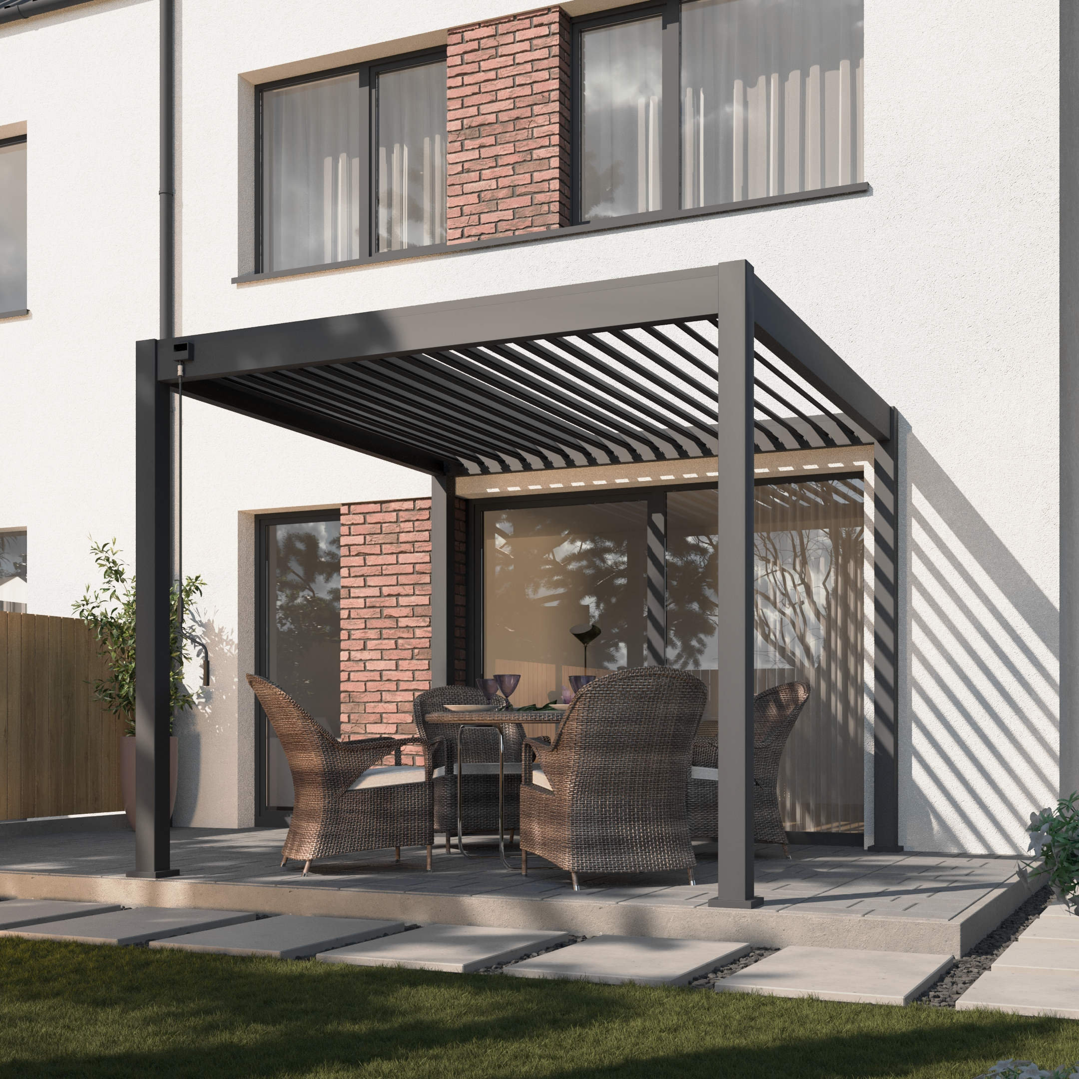 Pergola tarasowa ELEGANCE 3x3 Anthracite marki Gutroof z meblami ogrodowymi