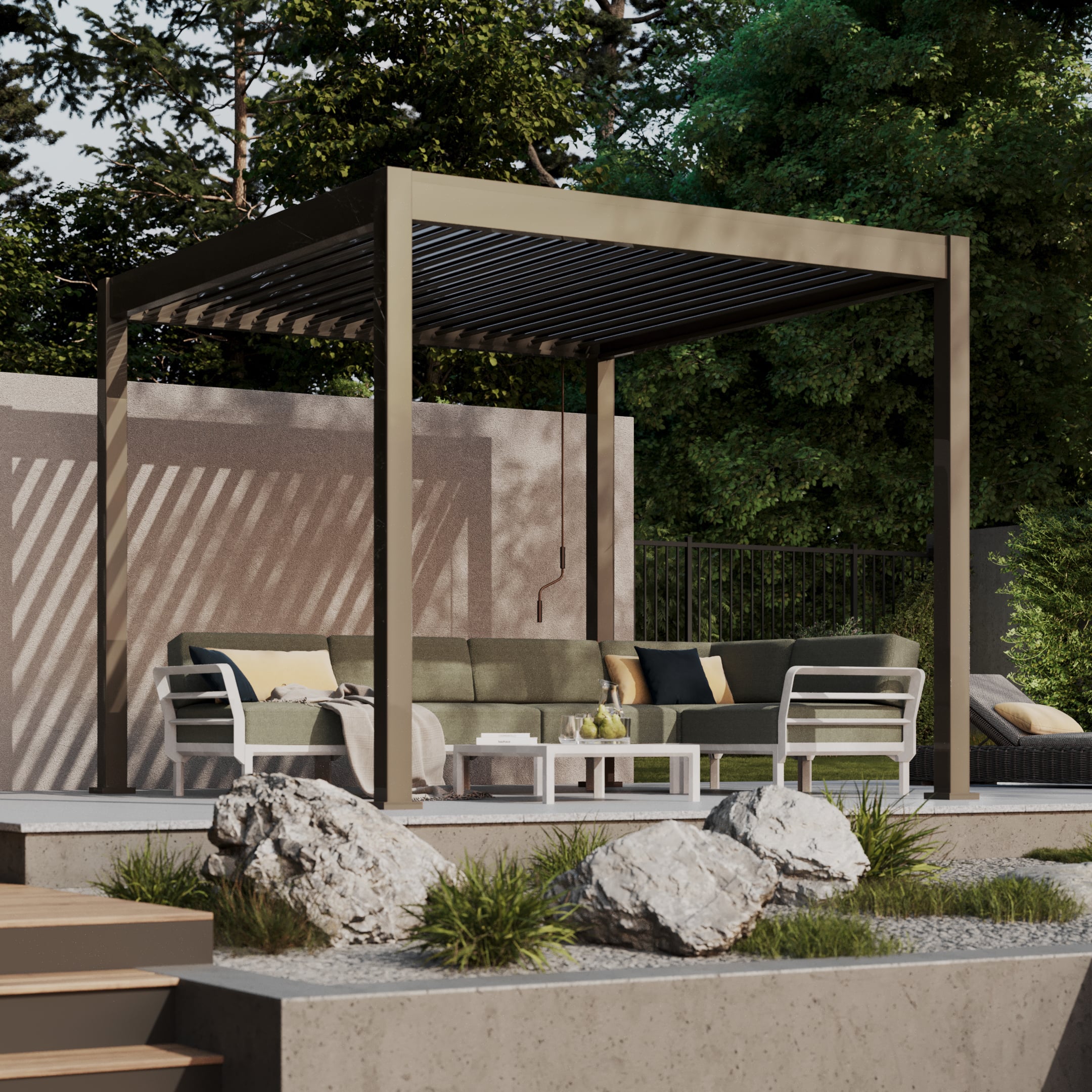 Pergola tarasowa ELEGANCE 3x3 Taupe marki Gutroof w aranżacji