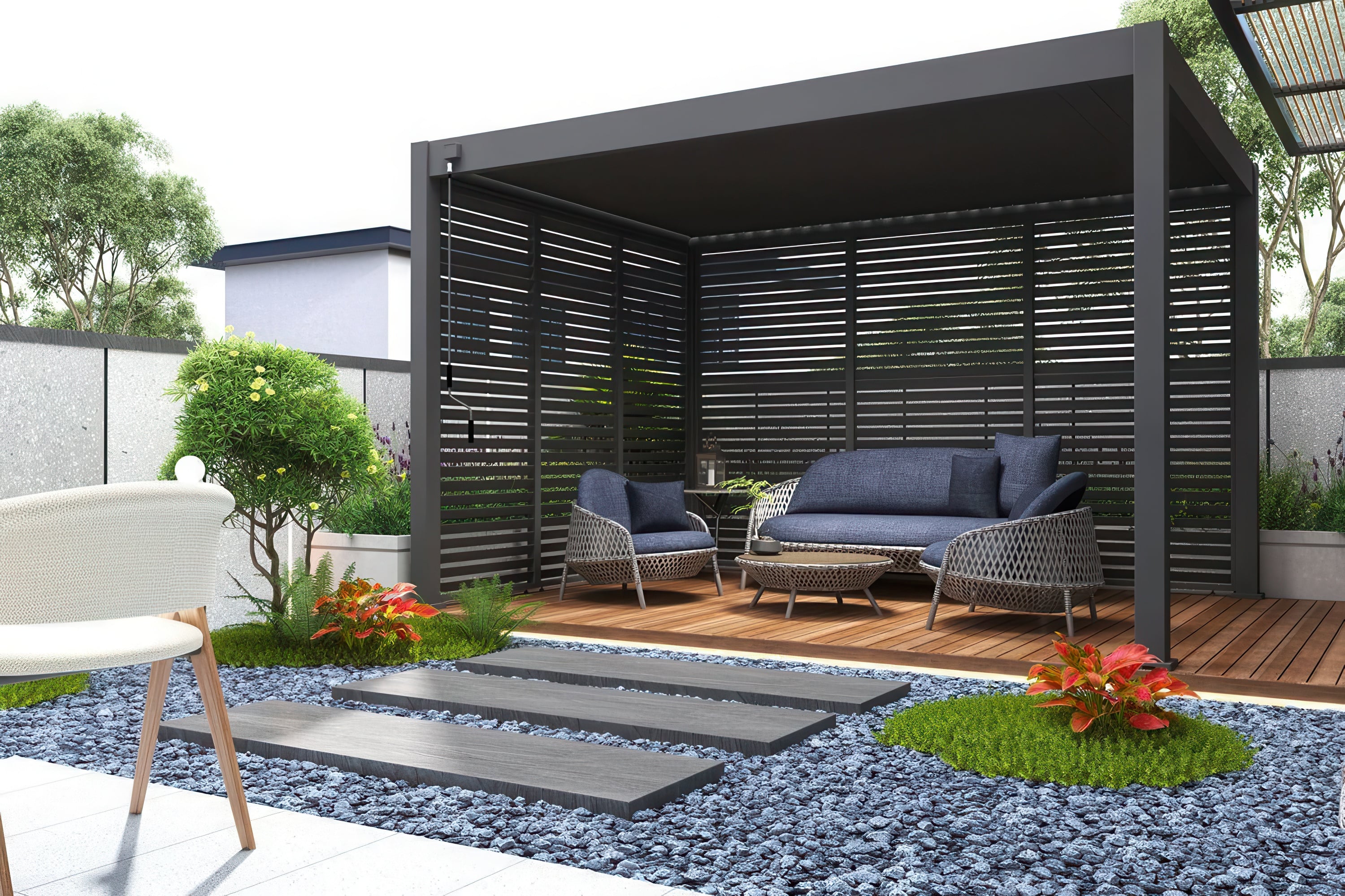 Przykładowa araranżacja na tarasie perogli ELEGANCE 3x4 Anthracite - gutroof