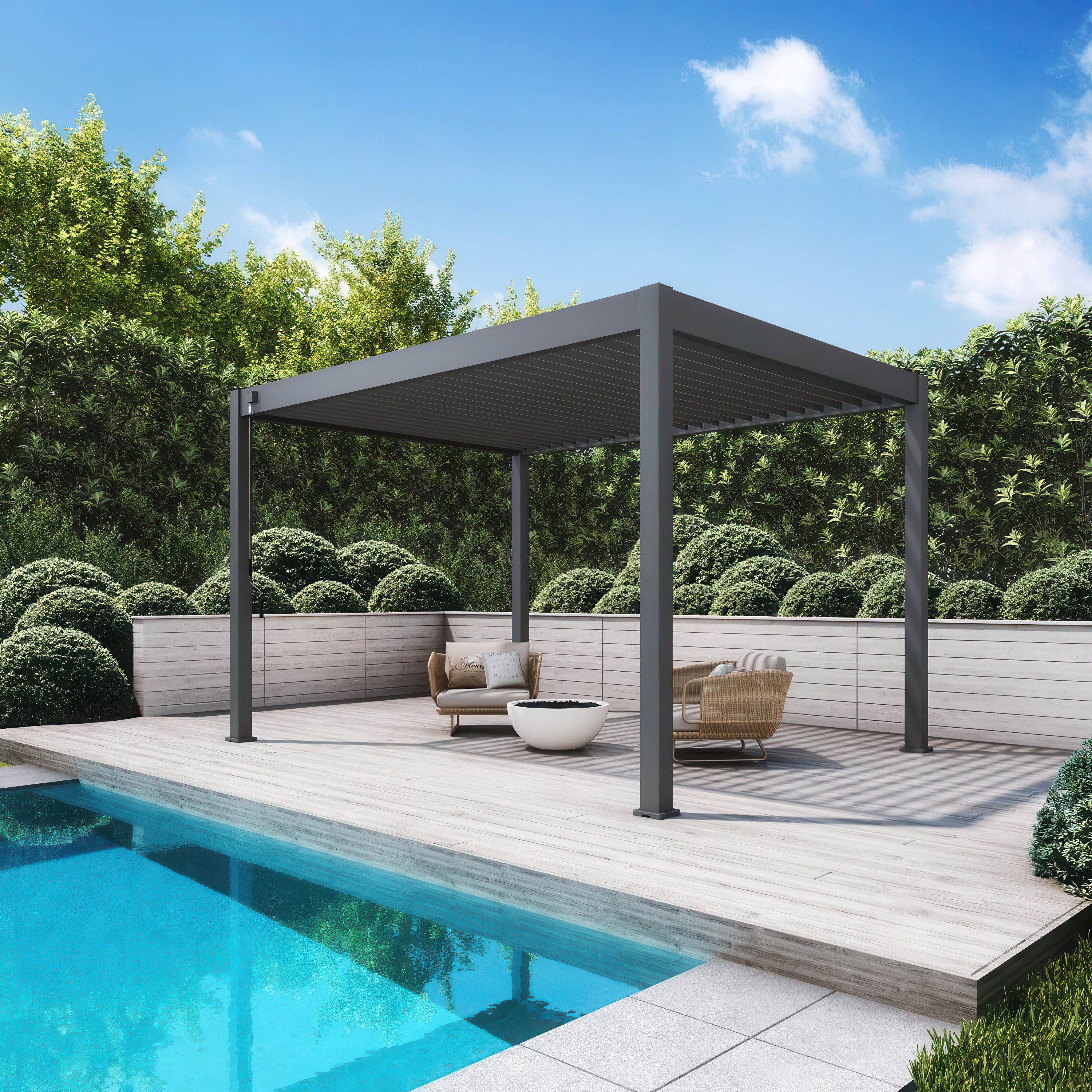 Aranżacja przy basenie pergoli ogrodowej ELEGANCE 3x4 Anthracite - gutroof