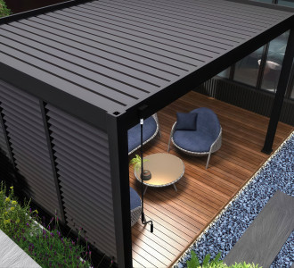 Widok z g&oacute;ry na zamknięte lamele w aranżacji pergoli ELEGANCE 3x4 Anthracite - gutroof