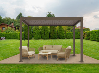 Aranżacja - pergola z serii Elegance w rozmiarze 3x4 w kolorze Taupe z regulowanym dachem