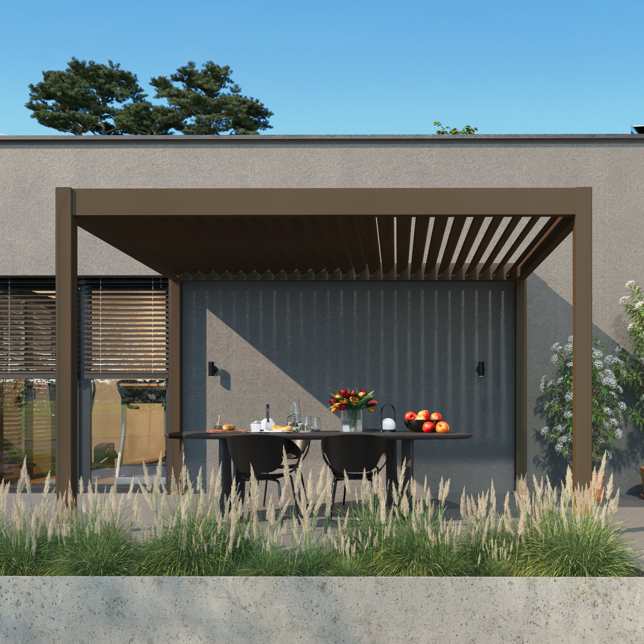 Pergola ogrodowa na taras ELEGANCE 3x4 Taupe - Gutroof z meblami ogrodowymi