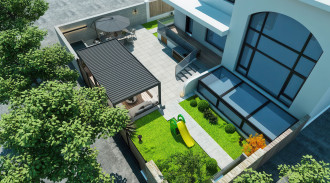 Widok g&oacute;ry na ogr&oacute;d wraz z pergolą ELEGANCE w rozmiarze 3x6 w kolorze antracytowym