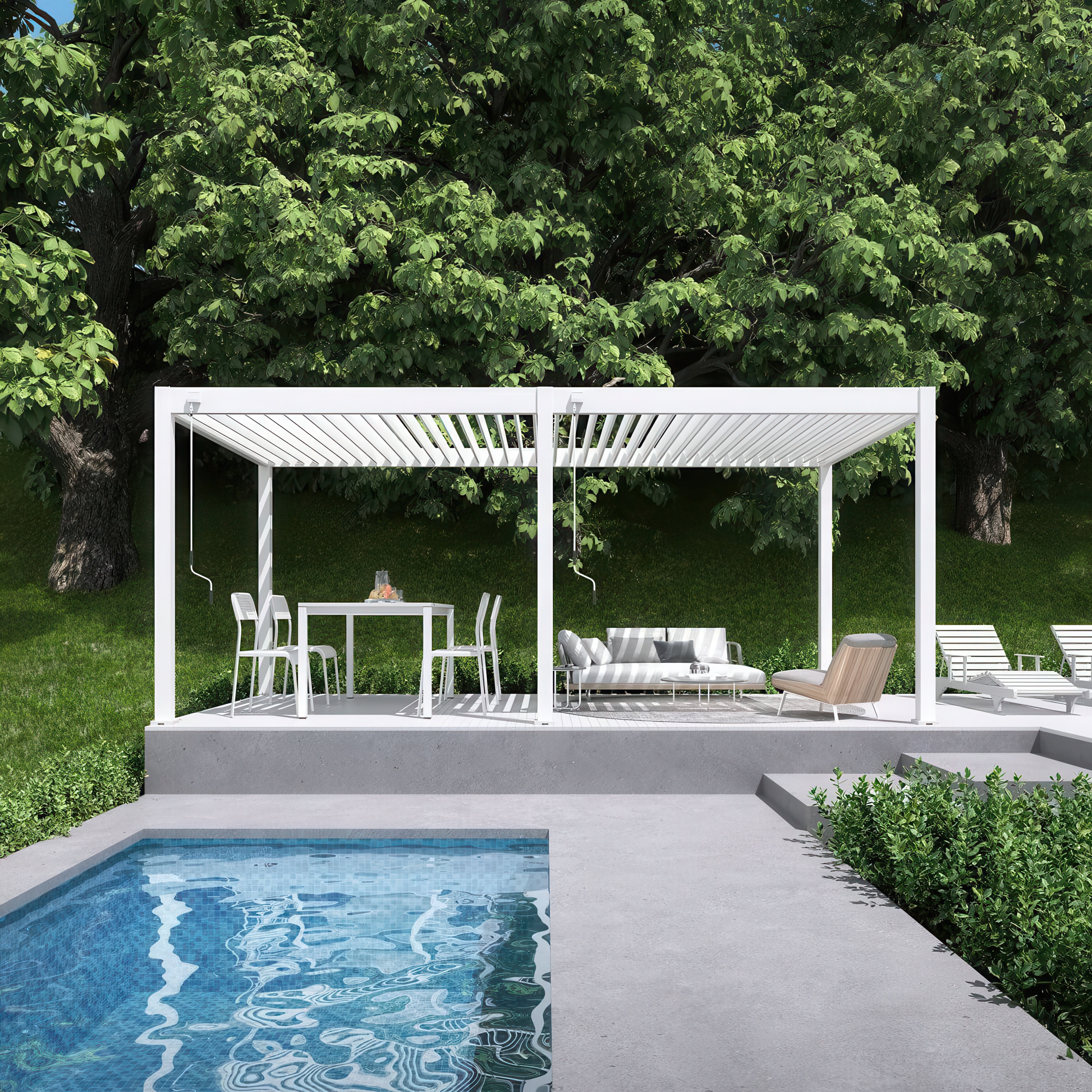 Aranżacja pergoli ELEGANCE 3x6 white przy basenie