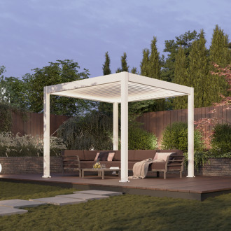 Pergola z oświetleniem LED ELEGANCE AUTOMATIC 3x3 w białym kolorze z meblami ogrodowymi