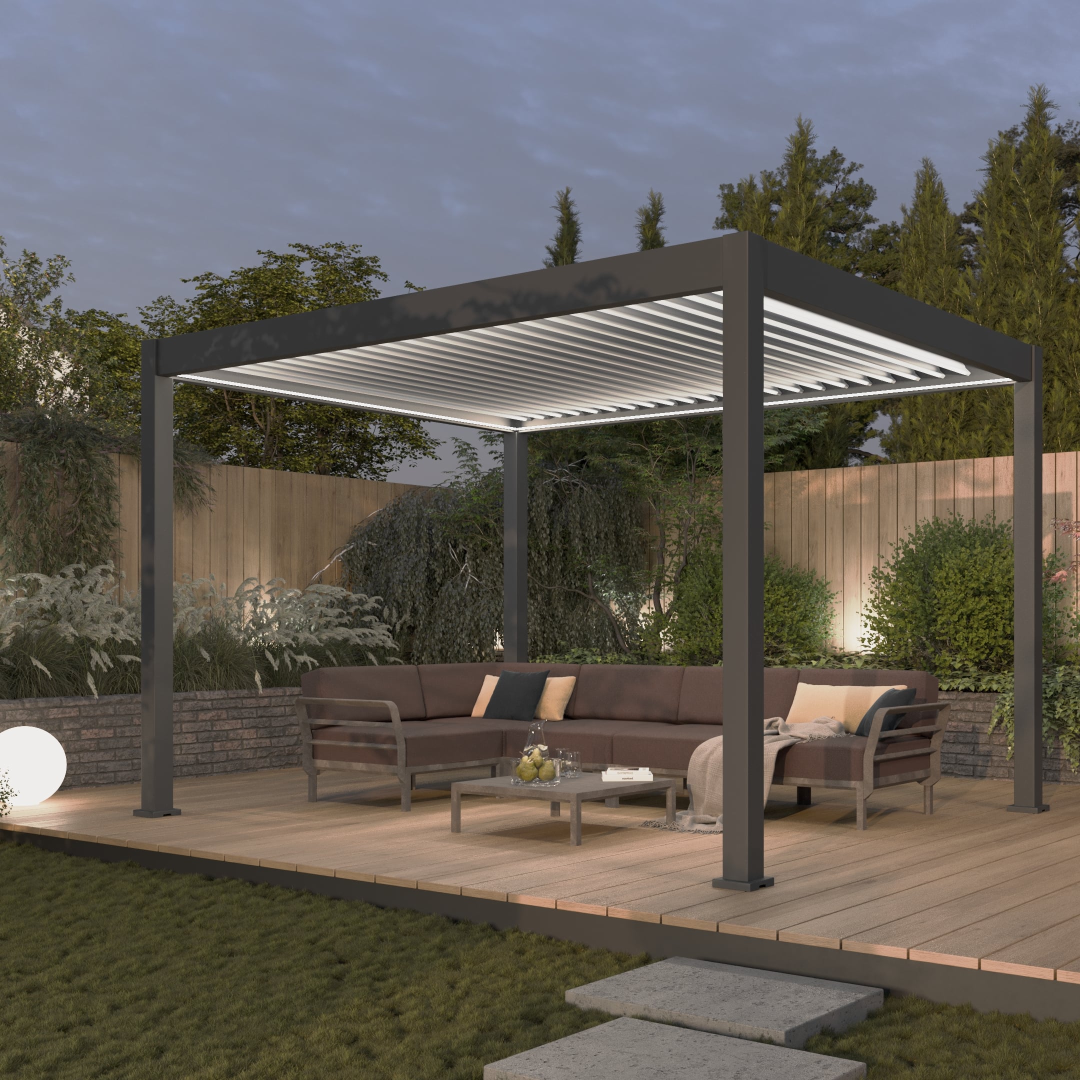 Pergola automatyczna ELEGANCE AUTOMATIC 3x4 z oświetleniem LED Anthracite/Light Grey - Gutroof w nocy