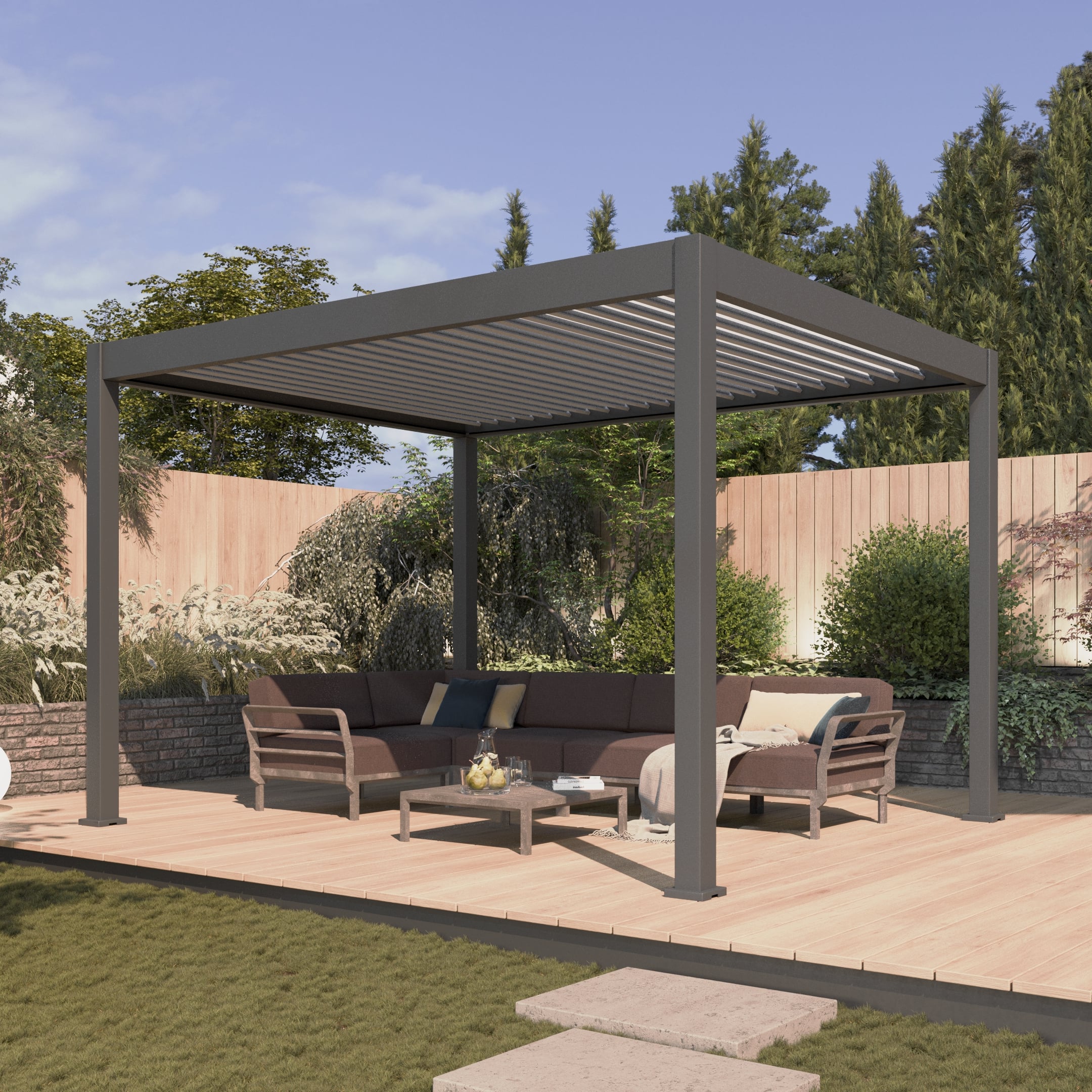 Pergola automatyczna ELEGANCE AUTOMATIC 3x4 z oświetleniem LED Anthracite/Light Grey marki Gutroof w aranżacji
