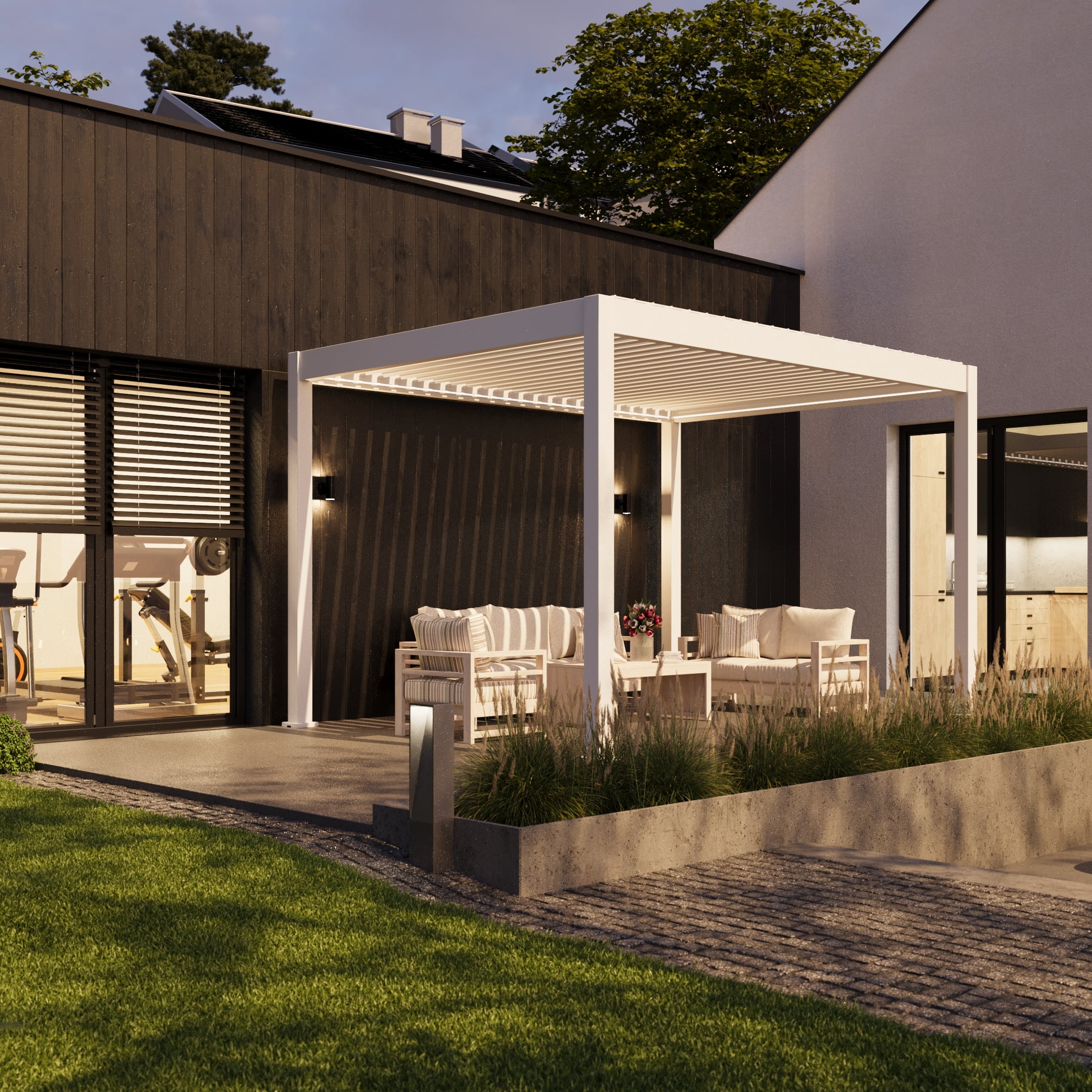 Pergola automatyczna ELEGANCE AUTOMATIC 3x4 z oświetleniem LED White - Gutroof w porze wieczorowej