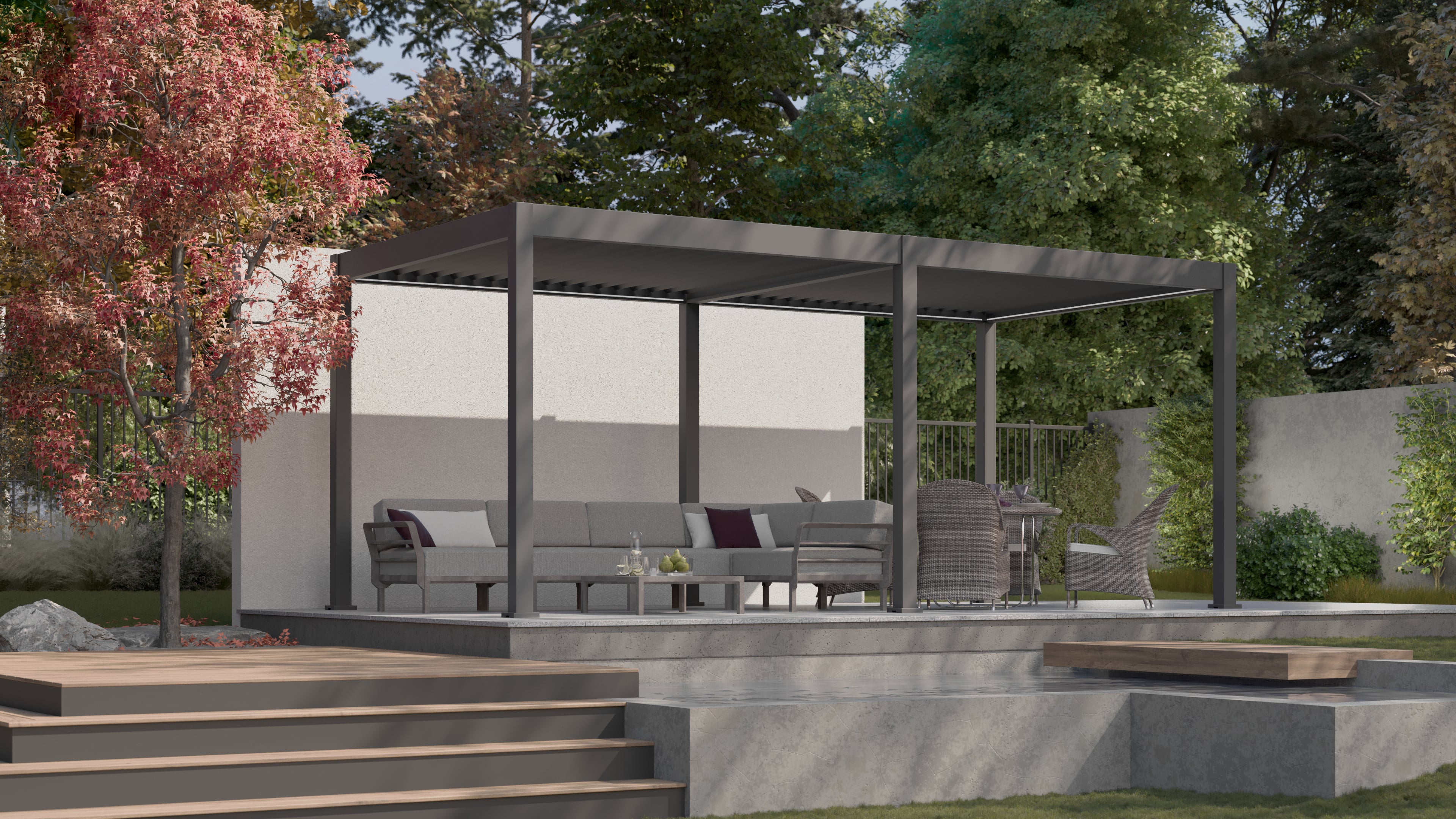 Bioklimatyczna pergola tarasowa ELEGANCE AUTOMATIC 3x6 z oświetleniem LED Anthracite - Gutroof w ciągu dnia