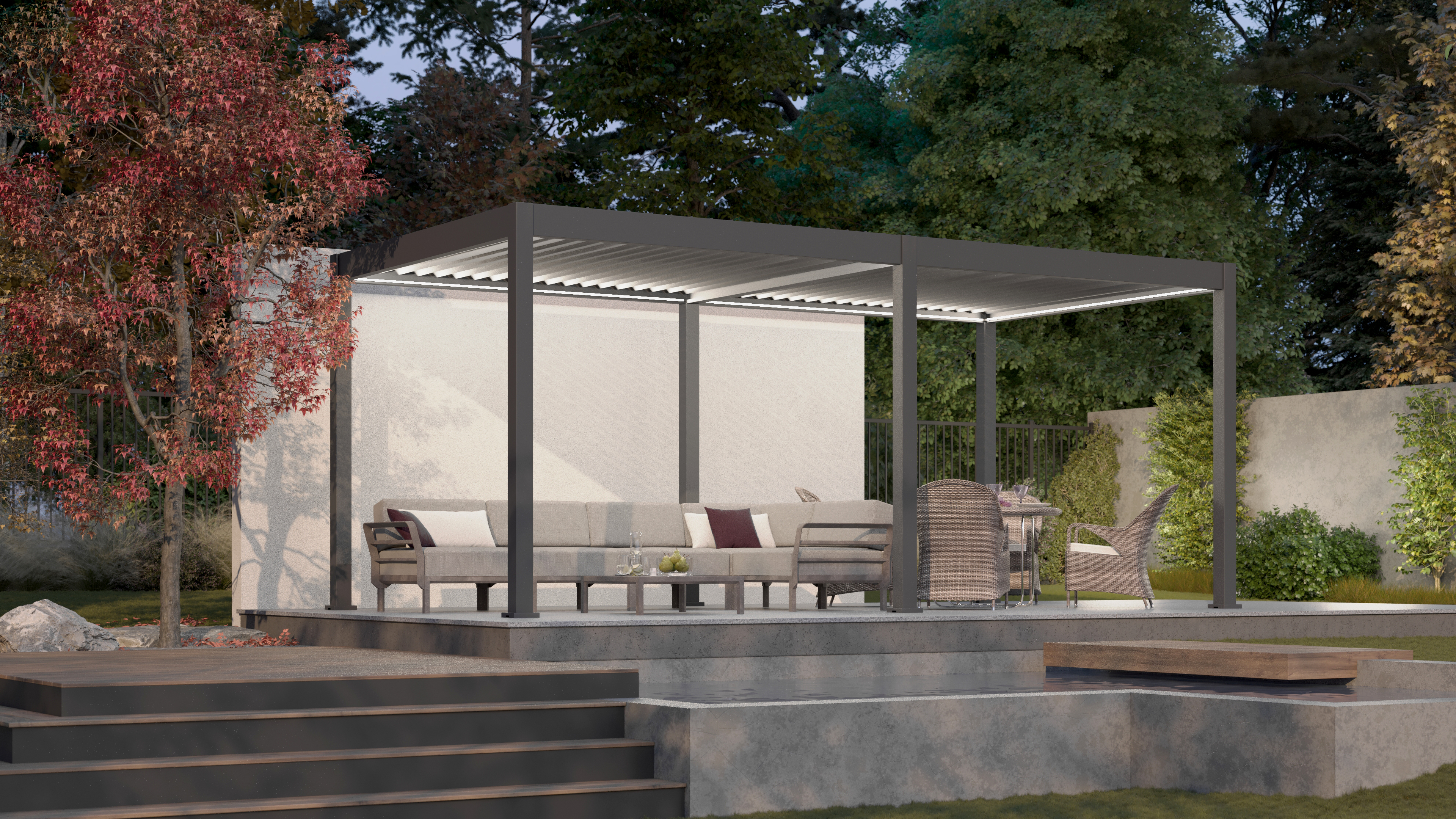 Bioklimatyczna pergola tarasowa ELEGANCE AUTOMATIC 3x6 z oświetleniem LED Anthracite - Gutroof w aranżacji nocnej