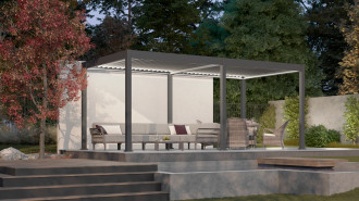 Bioklimatyczna pergola tarasowa ELEGANCE AUTOMATIC 3x6 z oświetleniem LED Anthracite - Gutroof w aranżacji nocnej