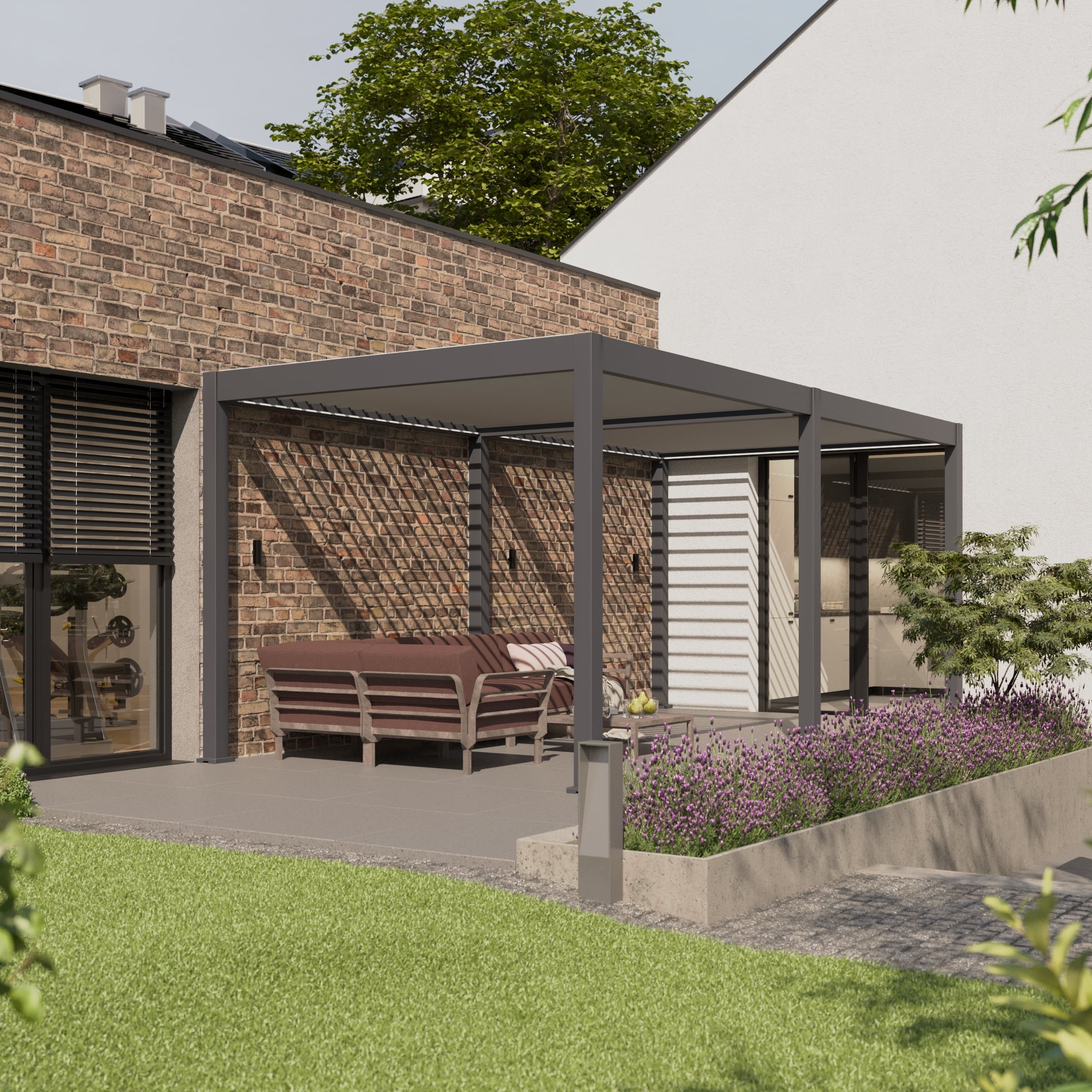 Bioklimatyczna pergola tarasowa ELEGANCE AUTOMATIC 3x6 z oświetleniem LED Anthracite/Light Grey - Gutroof w ciągu dnia