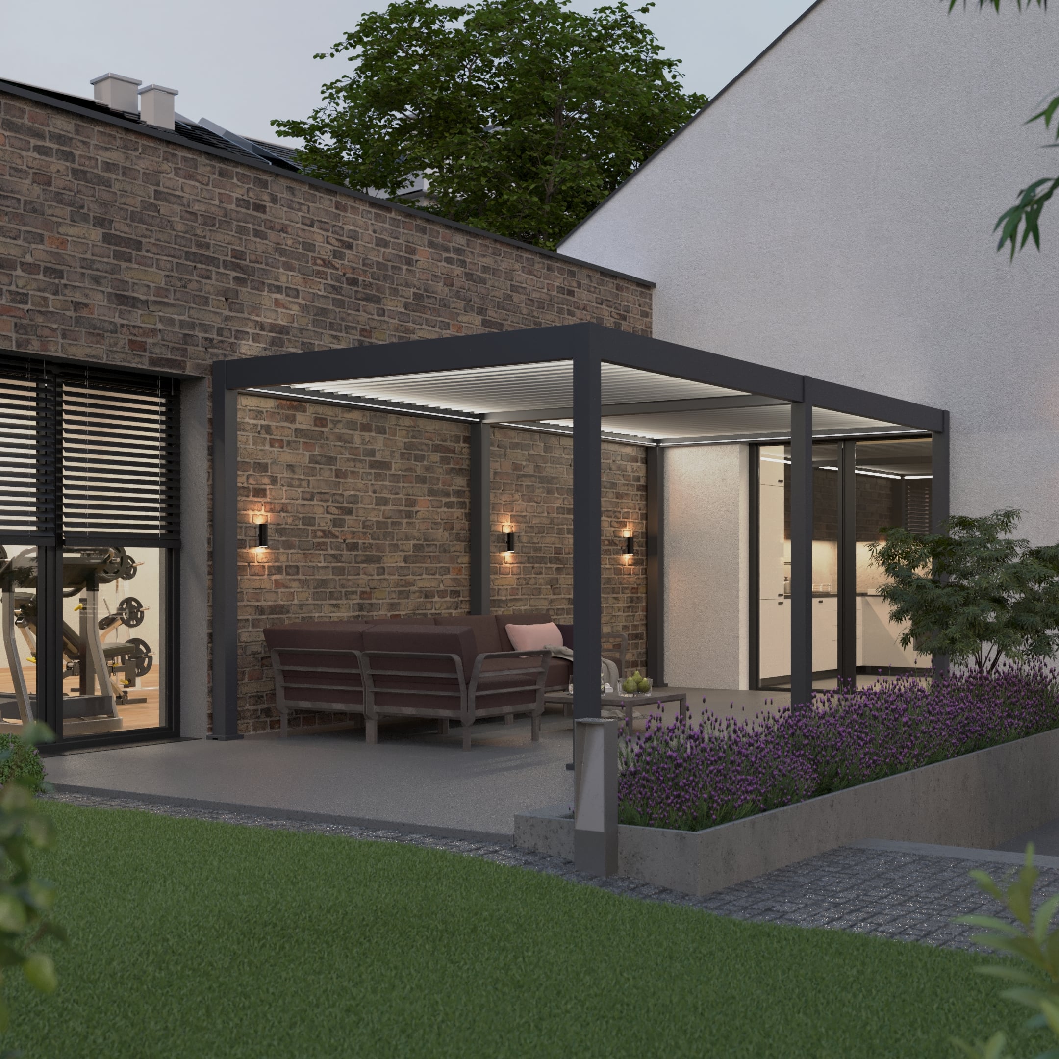 Bioklimatyczna pergola tarasowa ELEGANCE AUTOMATIC 3x6 z oświetleniem LED Anthracite/Light Grey - Gutroof w porze wieczorowej